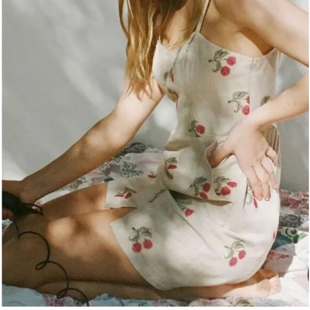 Urban Outfitters Small Cream Embroidered Cherry Print Mini Dress